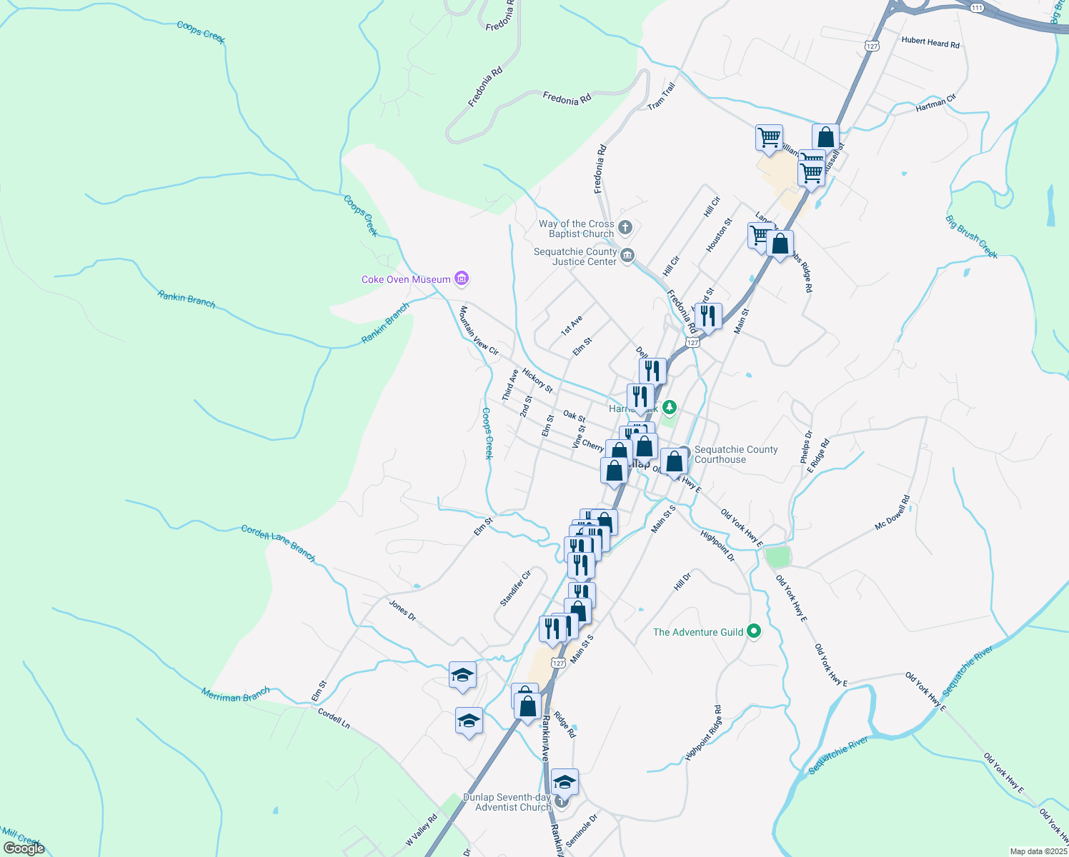 map of restaurants, bars, coffee shops, grocery stores, and more near 545 Cherry St in Dunlap