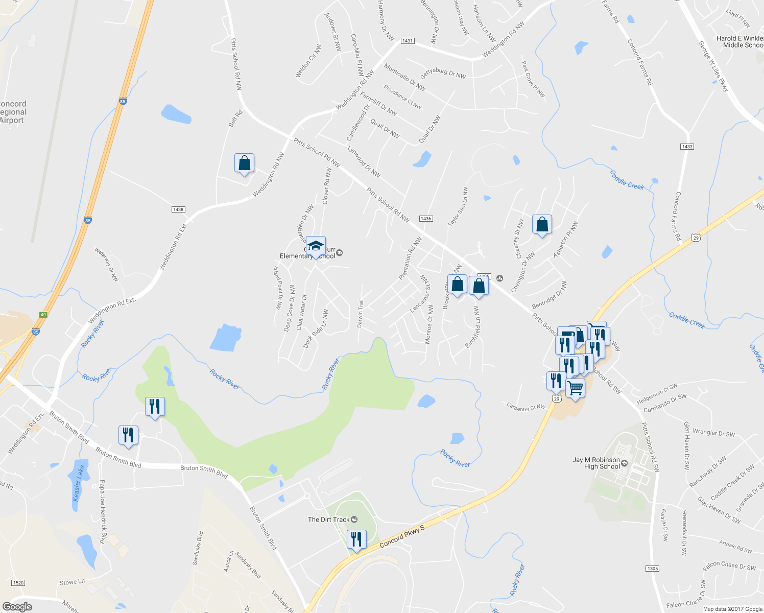map of restaurants, bars, coffee shops, grocery stores, and more near 2884 Walsh Dr NW in Concord