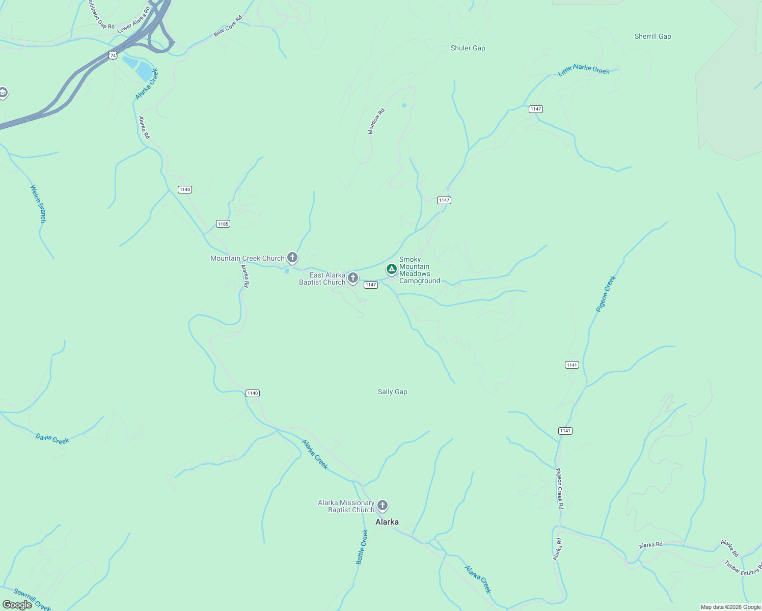 map of restaurants, bars, coffee shops, grocery stores, and more near 612-748 East Alarka Road in Bryson City