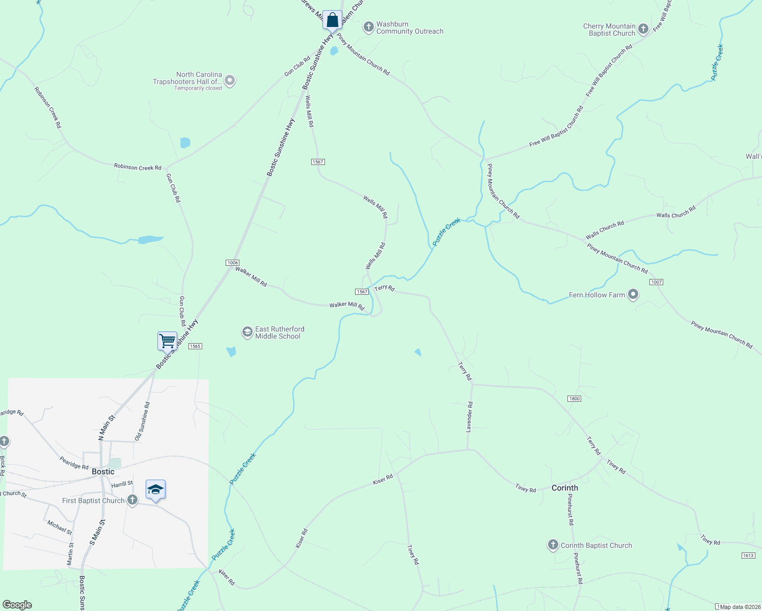 map of restaurants, bars, coffee shops, grocery stores, and more near 598 Walker Mill Road in Bostic