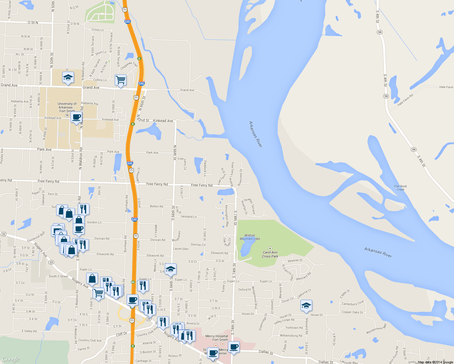 map of restaurants, bars, coffee shops, grocery stores, and more near 7223 Free Ferry Road in Fort Smith