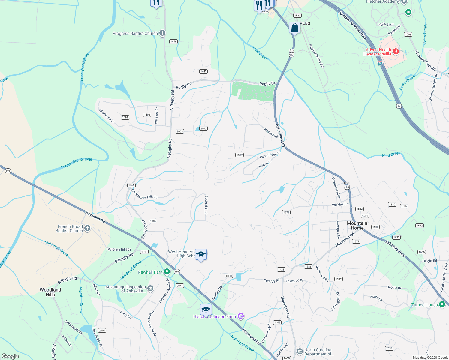 map of restaurants, bars, coffee shops, grocery stores, and more near 257 Squirrel Hollow Drive in Hendersonville