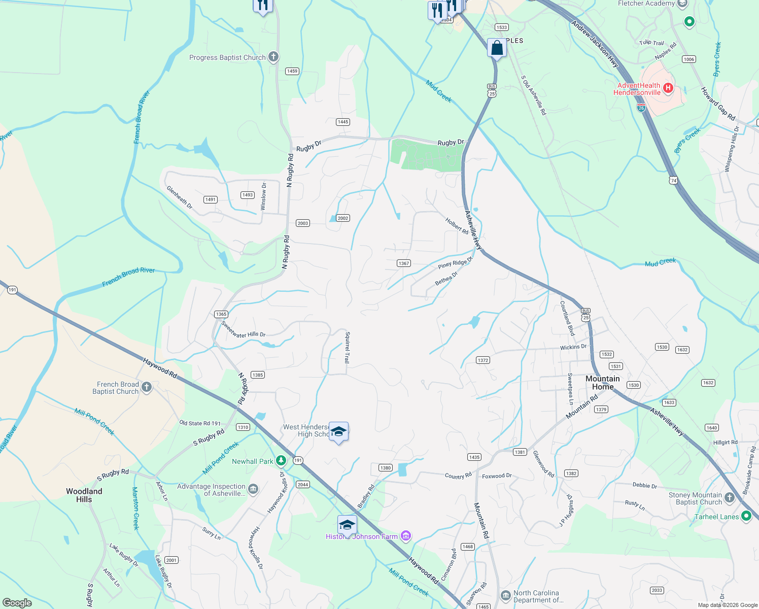 map of restaurants, bars, coffee shops, grocery stores, and more near 257 Squirrel Hollow Drive in Hendersonville