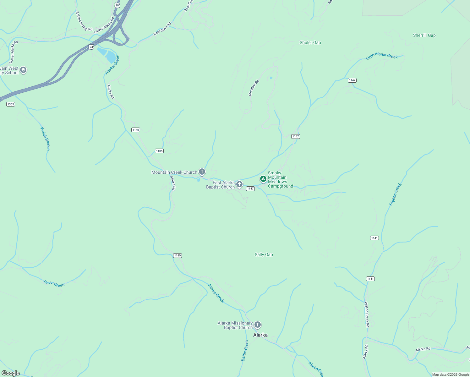 map of restaurants, bars, coffee shops, grocery stores, and more near 612 East Alarka Road in Bryson City