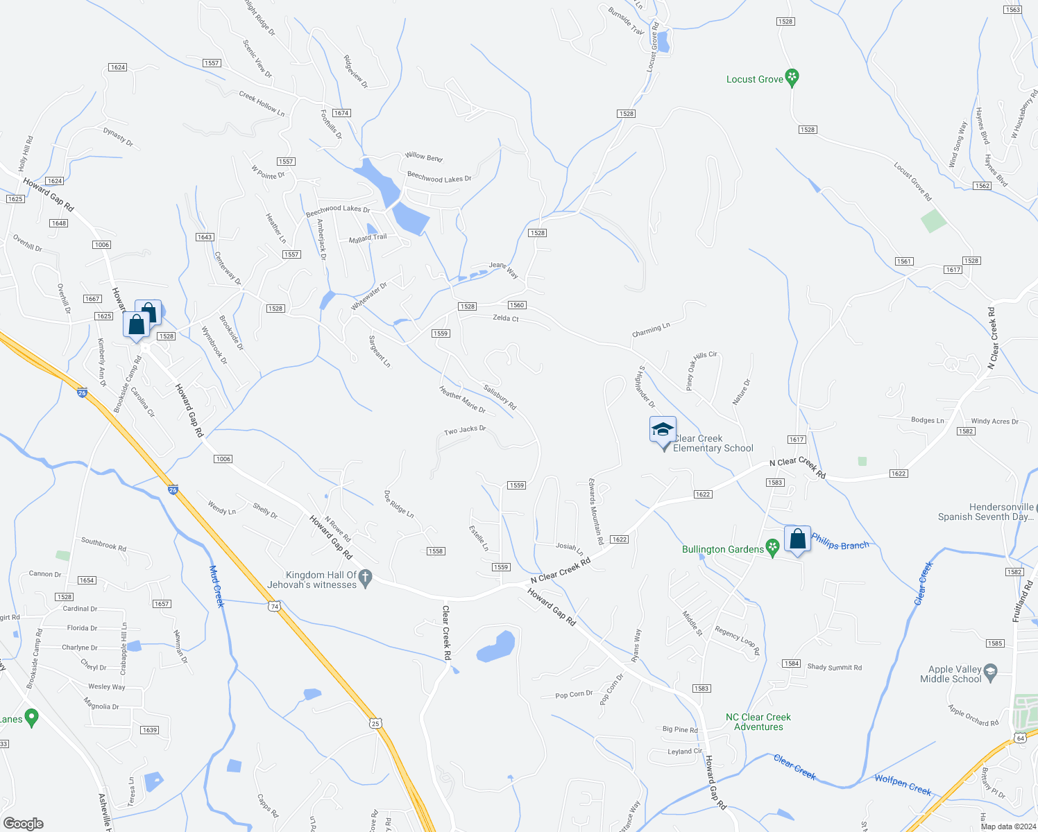 map of restaurants, bars, coffee shops, grocery stores, and more near 670 Salisbury Road in Hendersonville