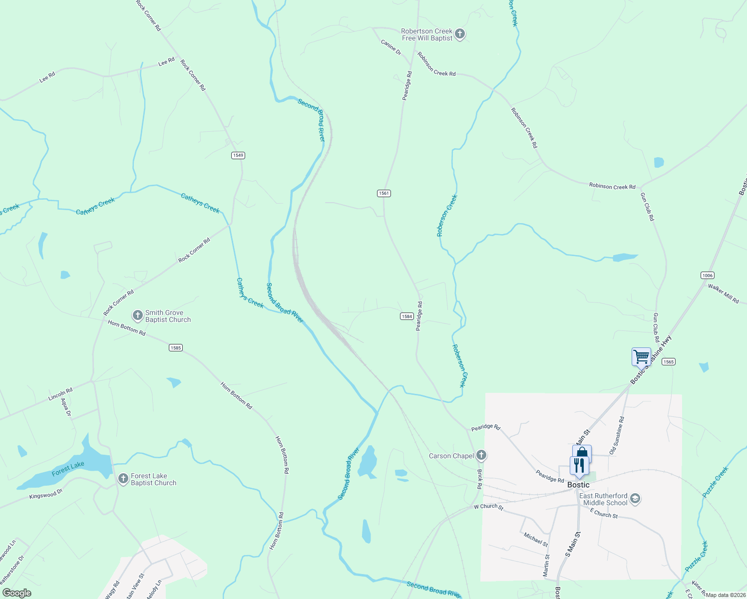 map of restaurants, bars, coffee shops, grocery stores, and more near 234 Bostic Yard Road in Bostic