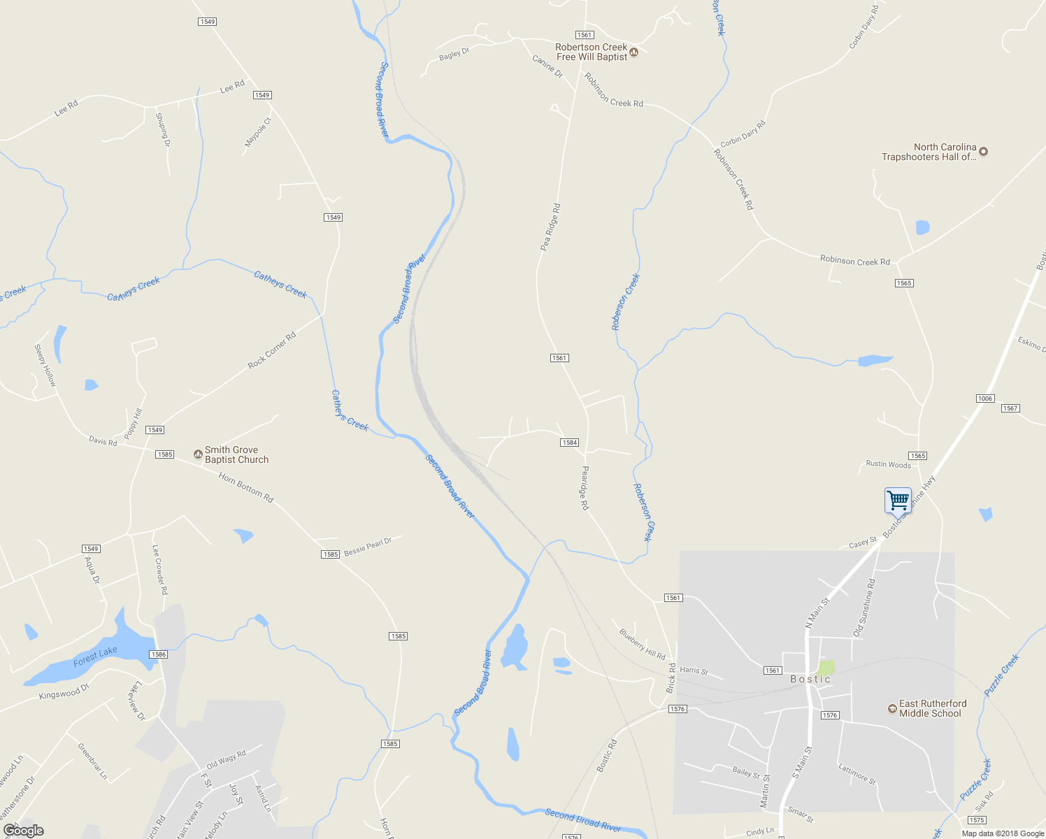 map of restaurants, bars, coffee shops, grocery stores, and more near 234 Bostic Yard Road in Bostic