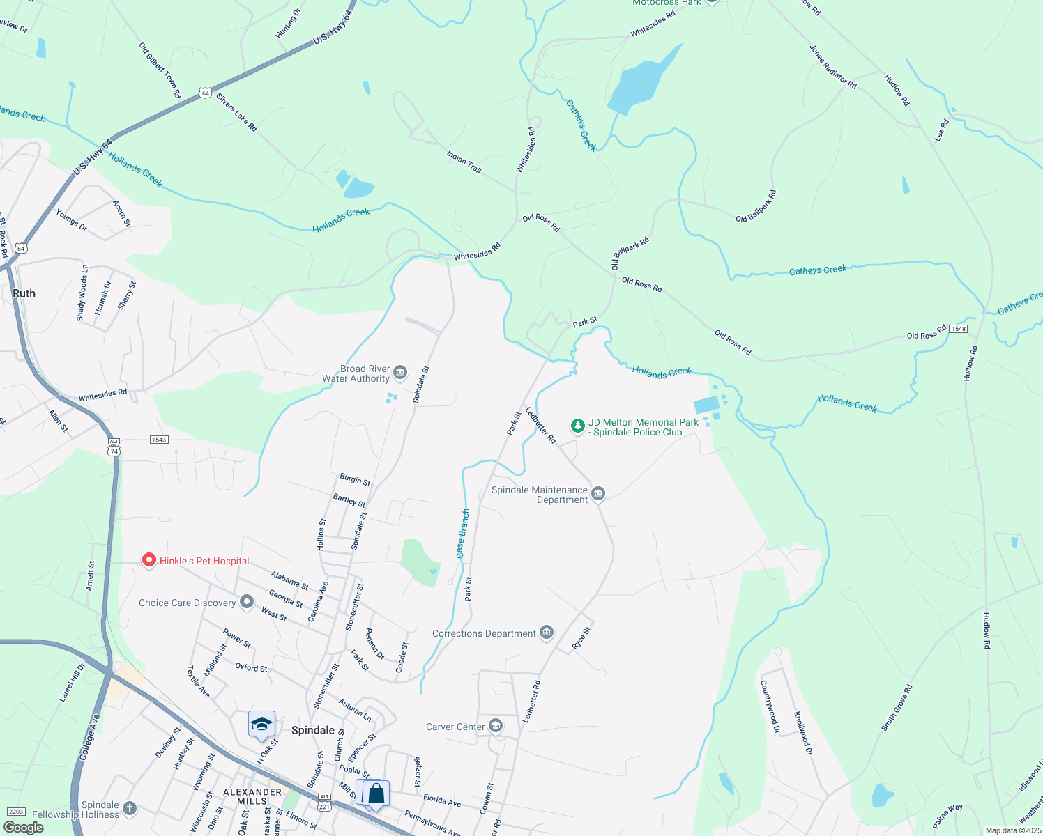 map of restaurants, bars, coffee shops, grocery stores, and more near 332 Park Street in Spindale