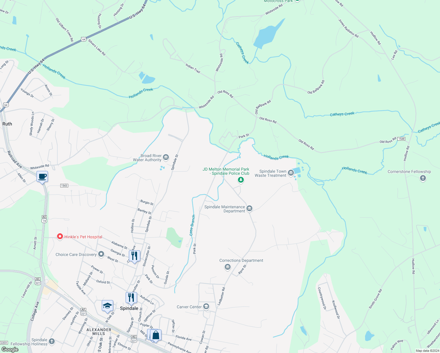 map of restaurants, bars, coffee shops, grocery stores, and more near 332 Park Street in Spindale