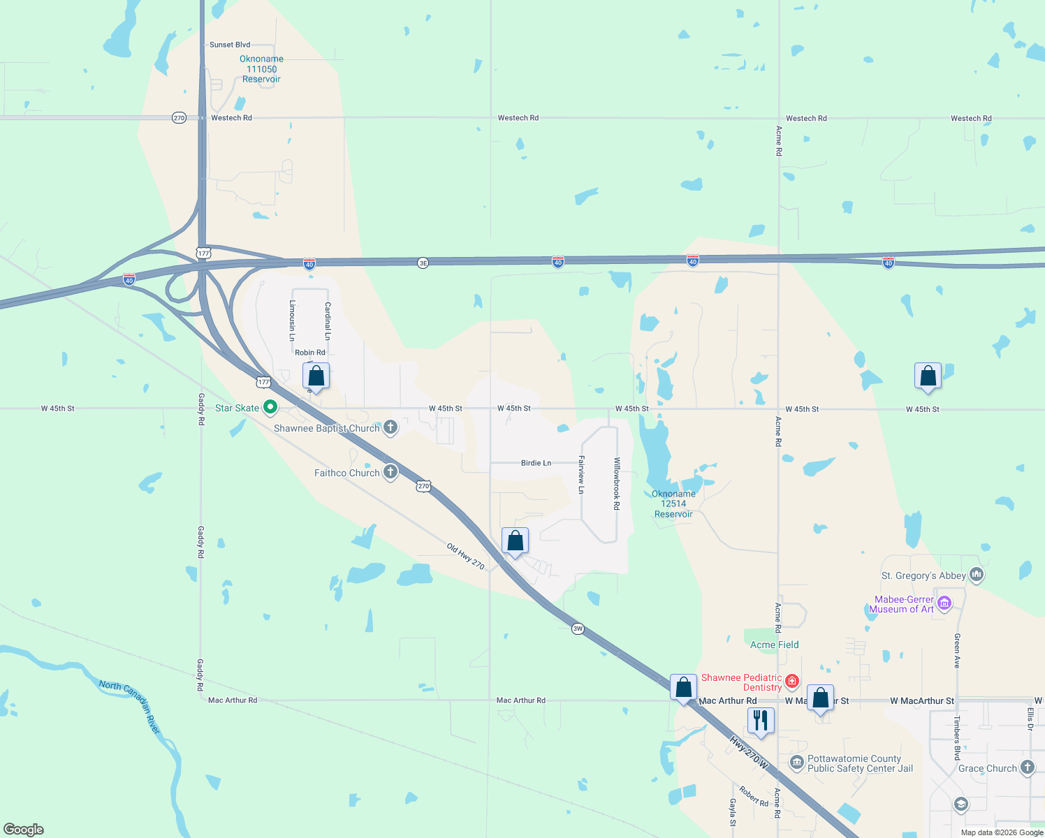 map of restaurants, bars, coffee shops, grocery stores, and more near 38101 45th Street in Shawnee