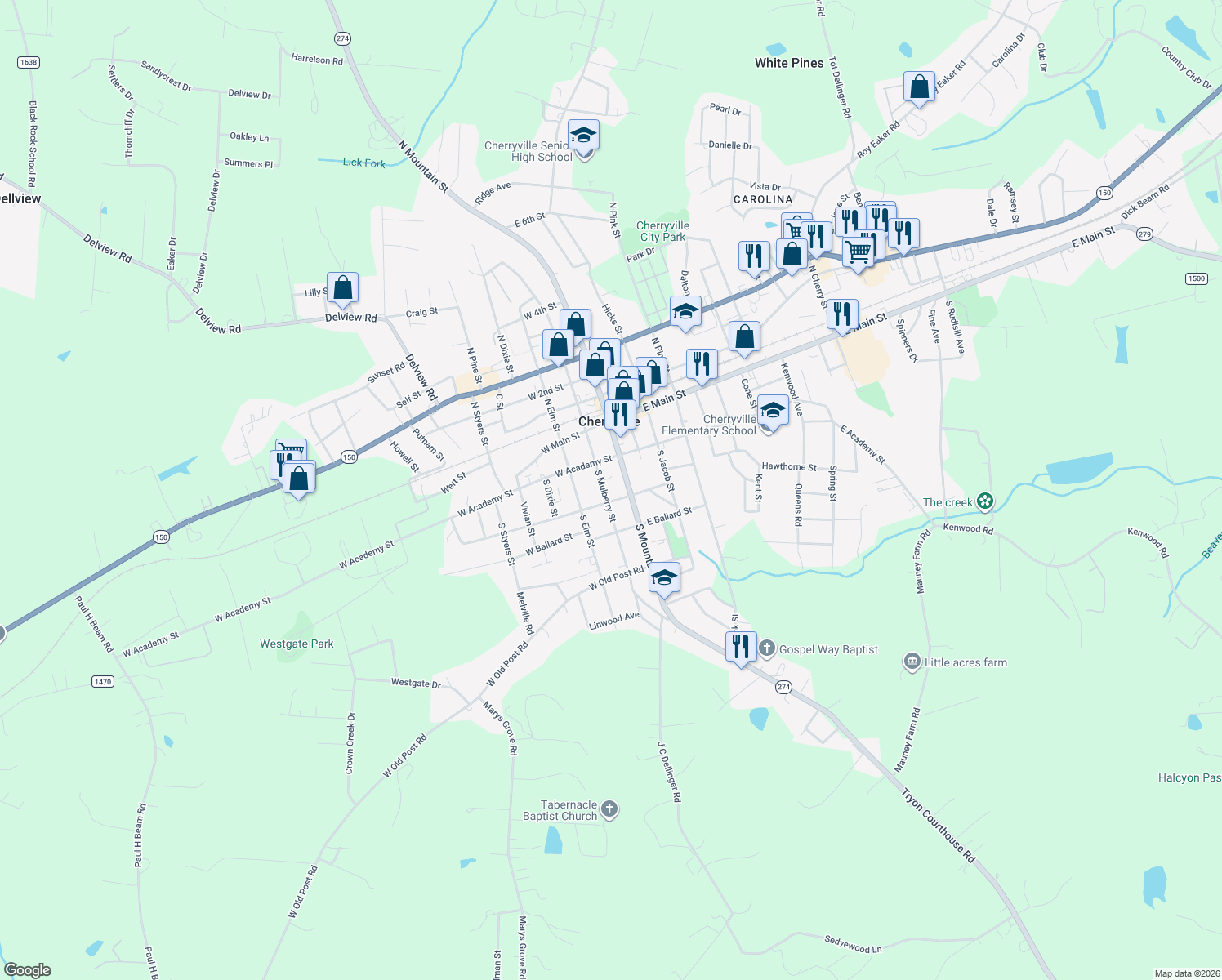 map of restaurants, bars, coffee shops, grocery stores, and more near 209 S Mulberry St in Cherryville