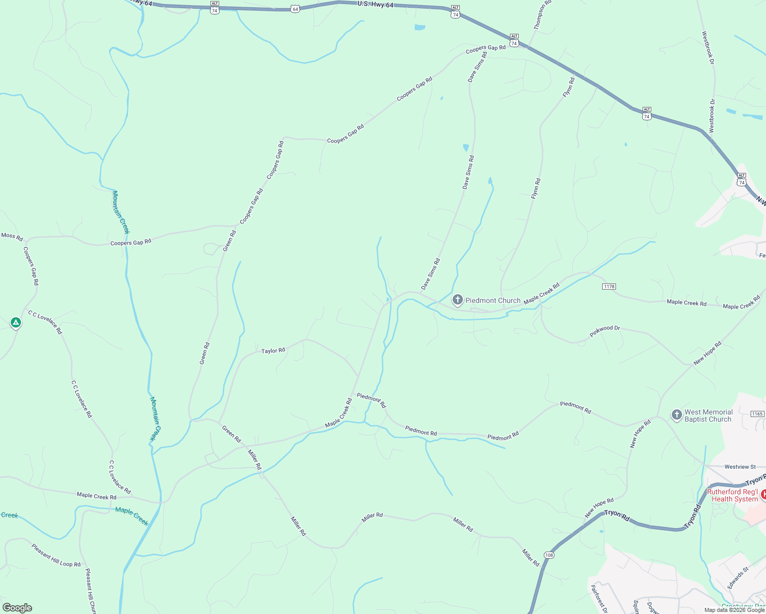 map of restaurants, bars, coffee shops, grocery stores, and more near 1398 Maple Creek Road in Rutherfordton