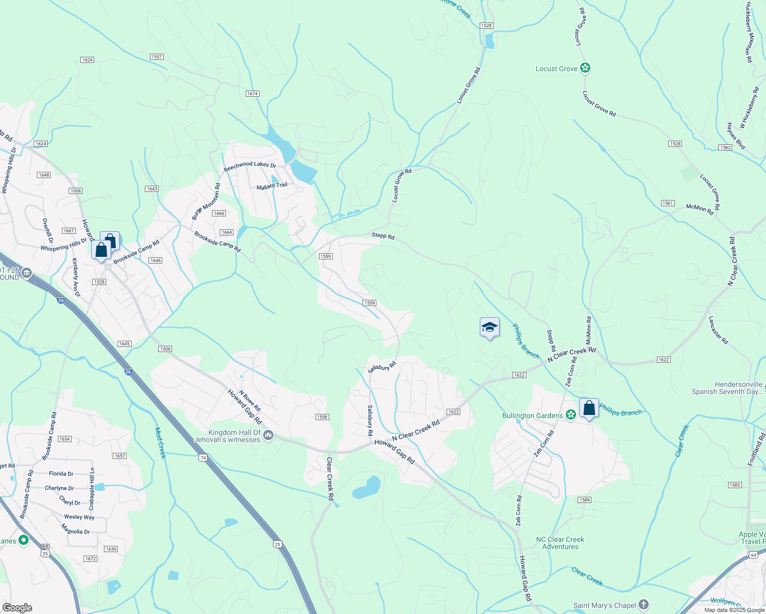 map of restaurants, bars, coffee shops, grocery stores, and more near 670 Salisbury Road in Hendersonville