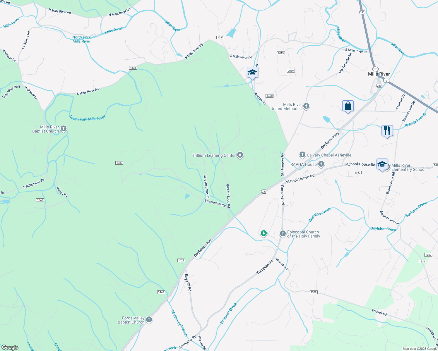 map of restaurants, bars, coffee shops, grocery stores, and more near 575 Gilreath Loop Road in Mills River