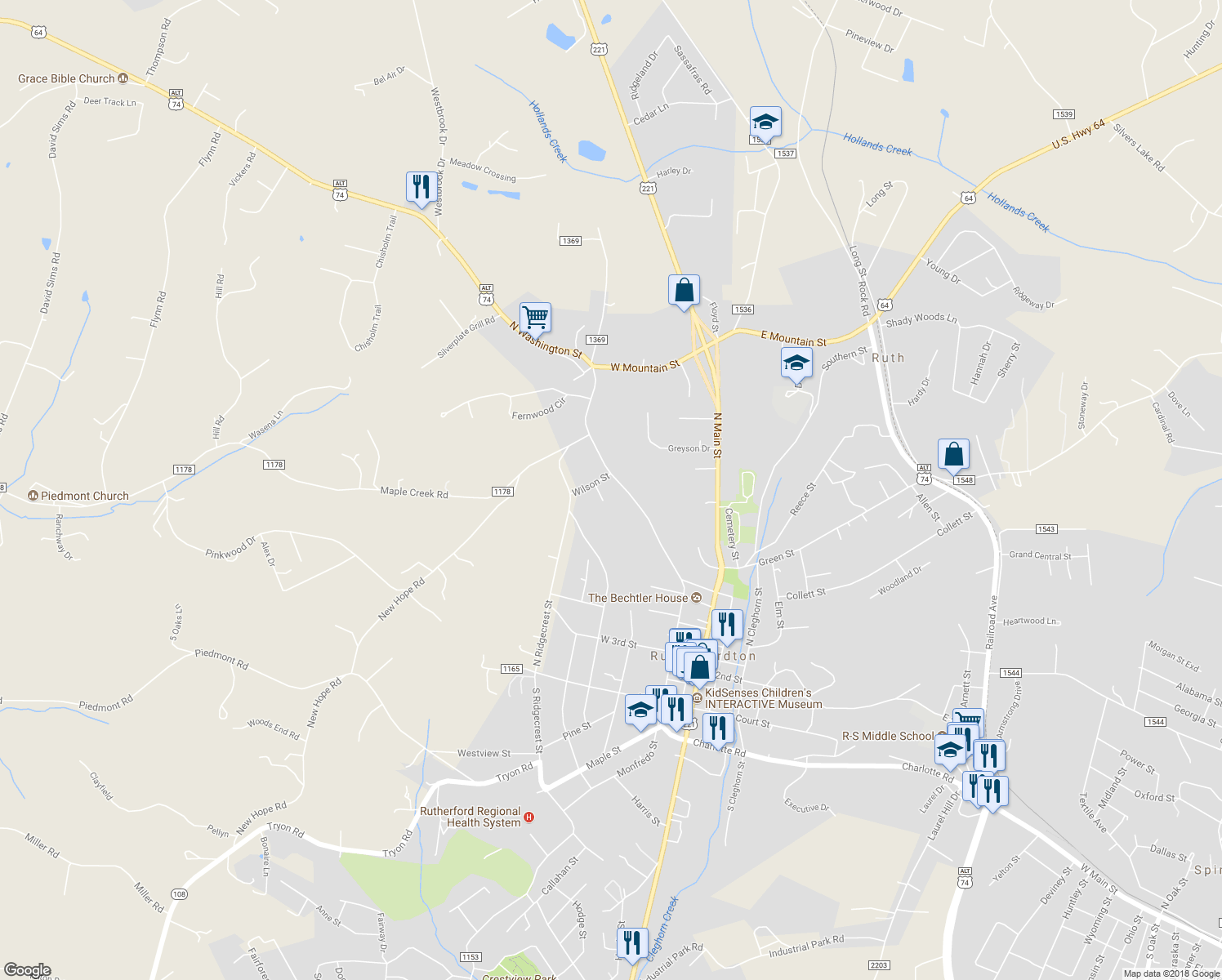 map of restaurants, bars, coffee shops, grocery stores, and more near 475 North Washington Street in Rutherfordton