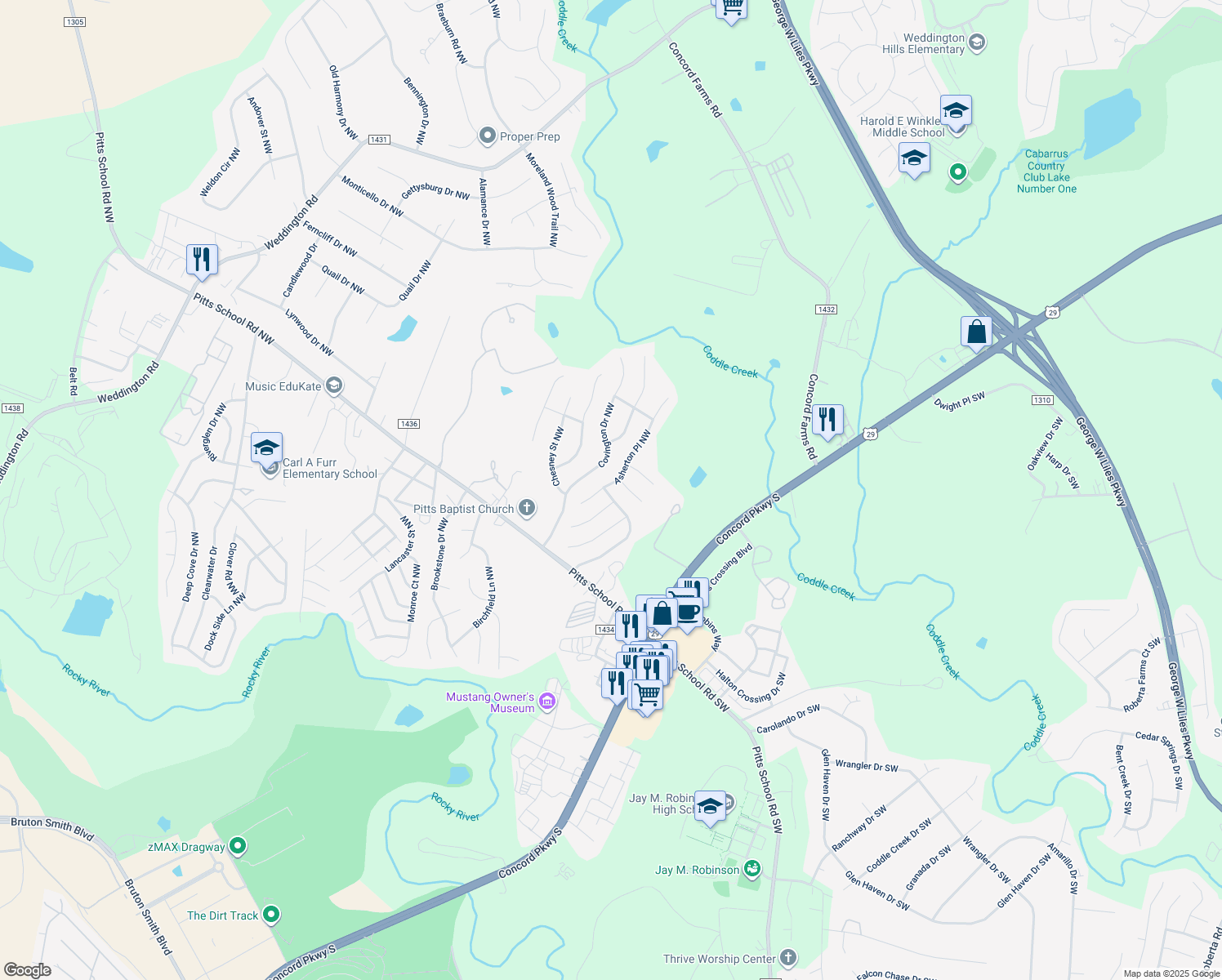 map of restaurants, bars, coffee shops, grocery stores, and more near 4866 Bentridge Drive Northwest in Concord