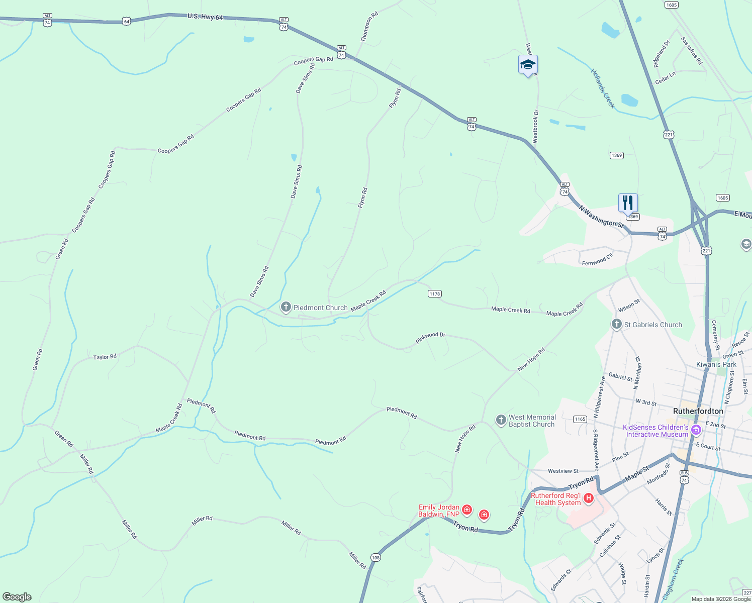 map of restaurants, bars, coffee shops, grocery stores, and more near 216 Carolina Paradise in Rutherfordton