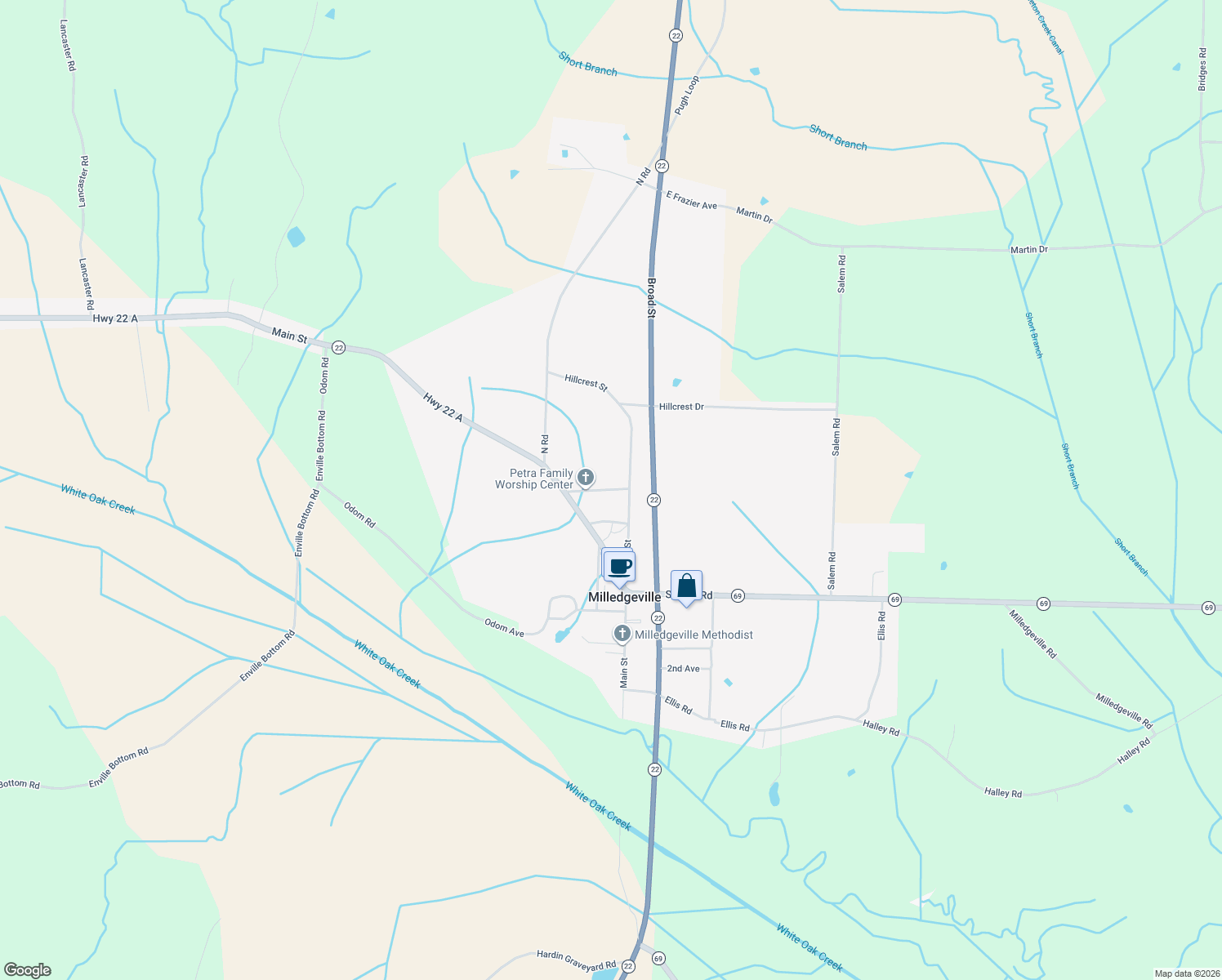 map of restaurants, bars, coffee shops, grocery stores, and more near 167 Pentecostal Avenue in Milledgeville