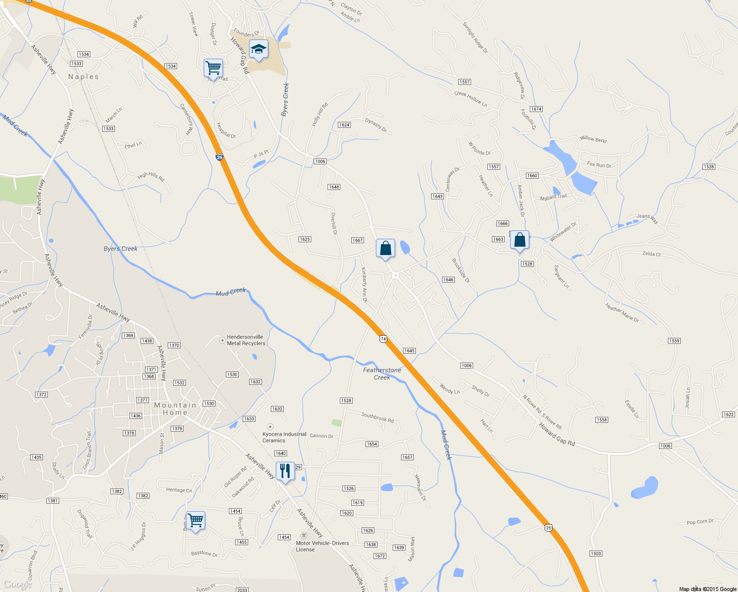 map of restaurants, bars, coffee shops, grocery stores, and more near 207 Kimberly Ann Drive in Hendersonville