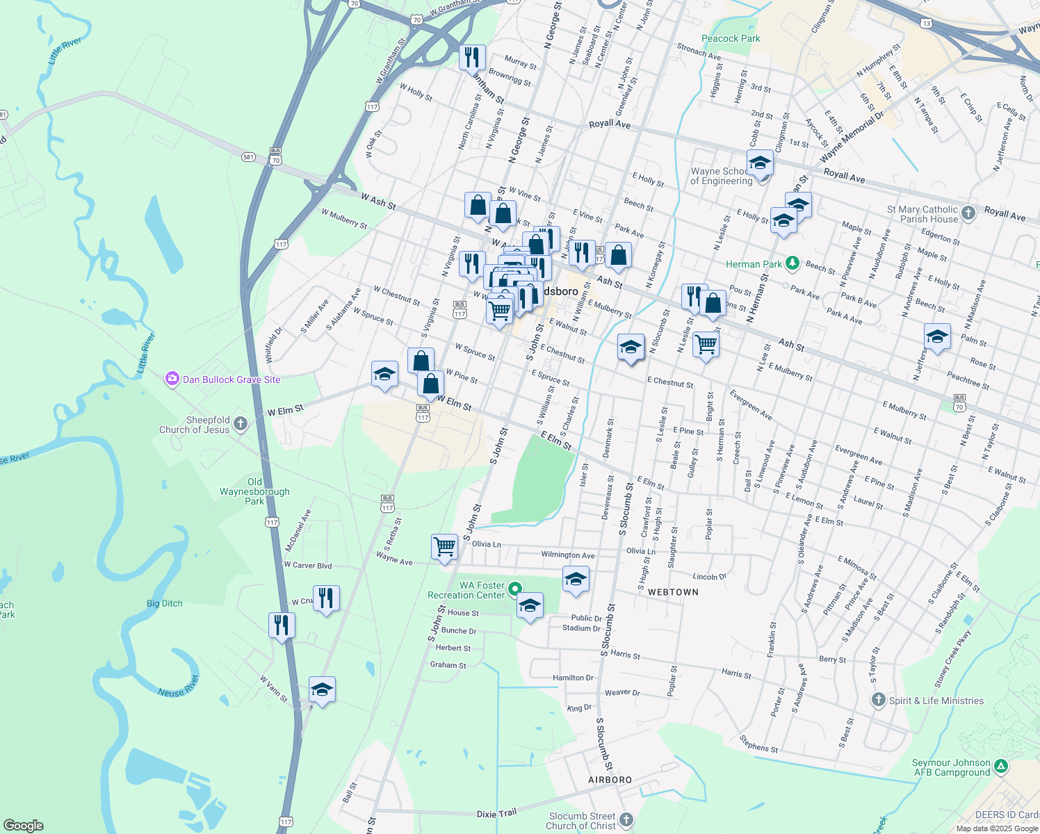 map of restaurants, bars, coffee shops, grocery stores, and more near 207 East Elm Street in Goldsboro