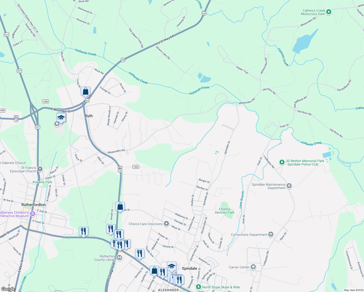 map of restaurants, bars, coffee shops, grocery stores, and more near 214 Cardinal Road in Rutherfordton