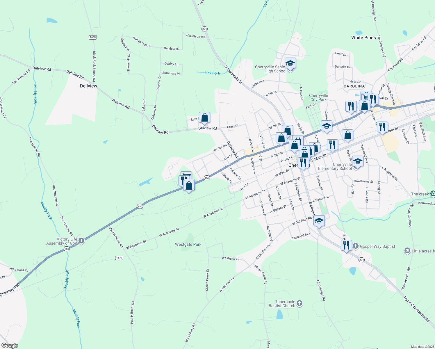 map of restaurants, bars, coffee shops, grocery stores, and more near 1005 W Church St in Cherryville