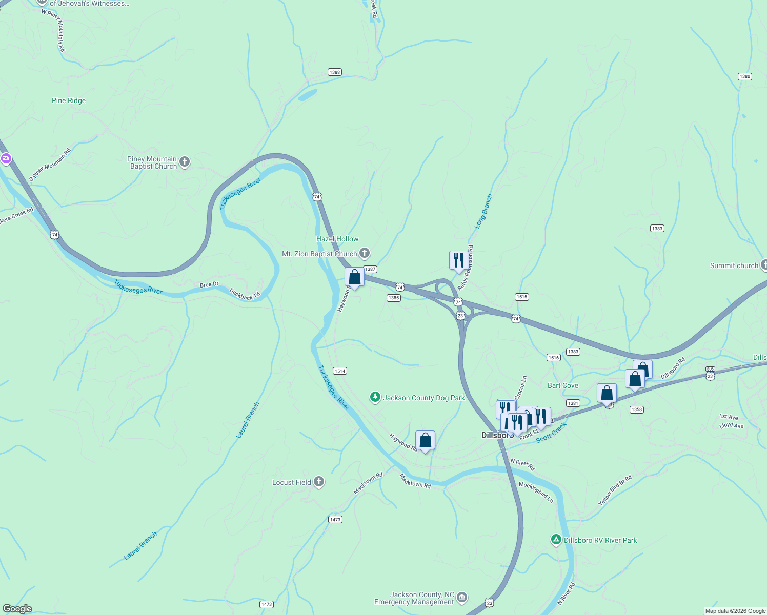 map of restaurants, bars, coffee shops, grocery stores, and more near Long Branch Creek Road in Sylva