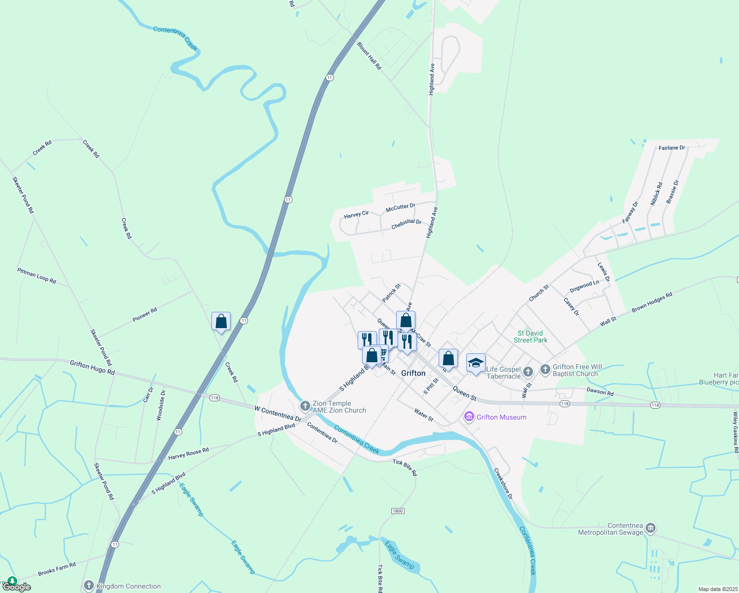 map of restaurants, bars, coffee shops, grocery stores, and more near 224 McCrae Street in Grifton