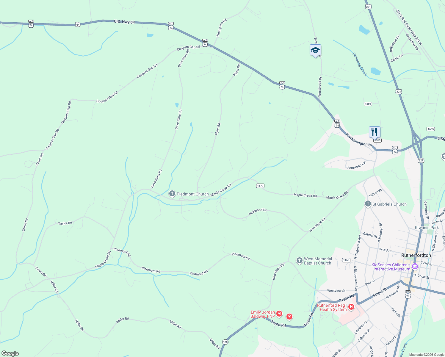 map of restaurants, bars, coffee shops, grocery stores, and more near 216 Carolina Paradise Road in Rutherfordton