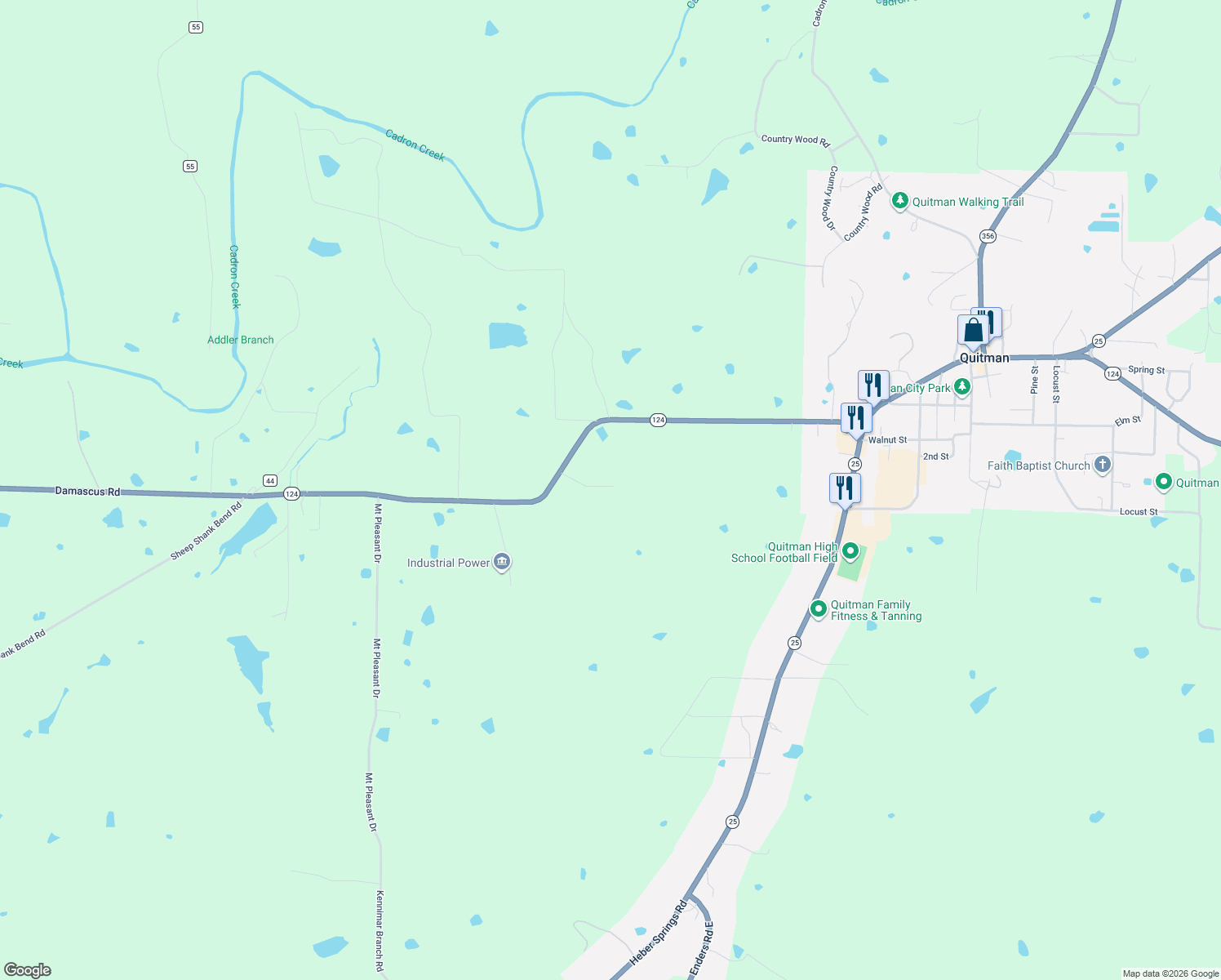 map of restaurants, bars, coffee shops, grocery stores, and more near 150 Harold Bartlet Drive in Quitman