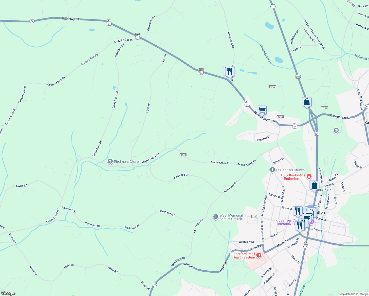 map of restaurants, bars, coffee shops, grocery stores, and more near 1433 Cedar Creek Road in Rutherfordton