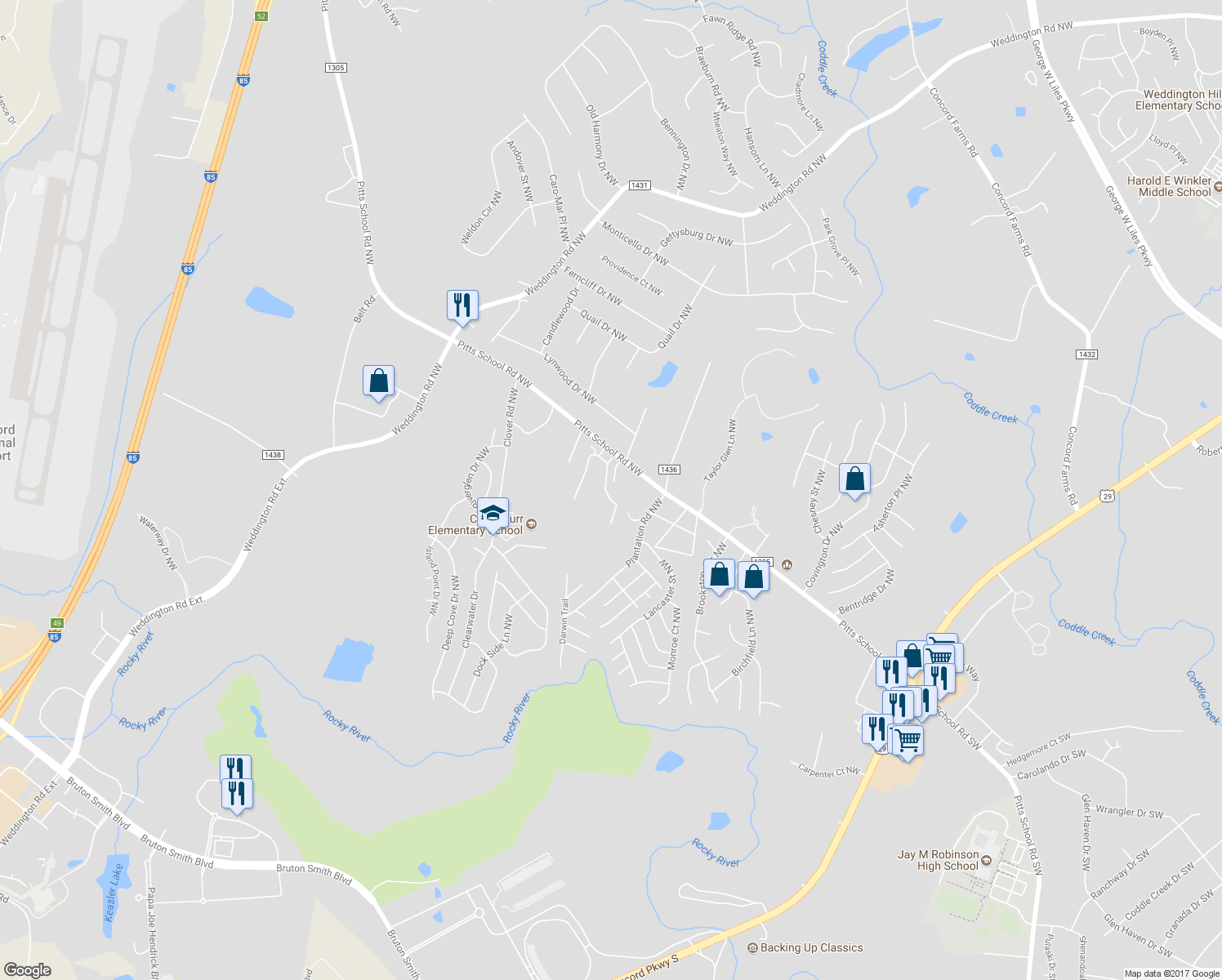 map of restaurants, bars, coffee shops, grocery stores, and more near 2603 Brackley Place Northwest in Concord