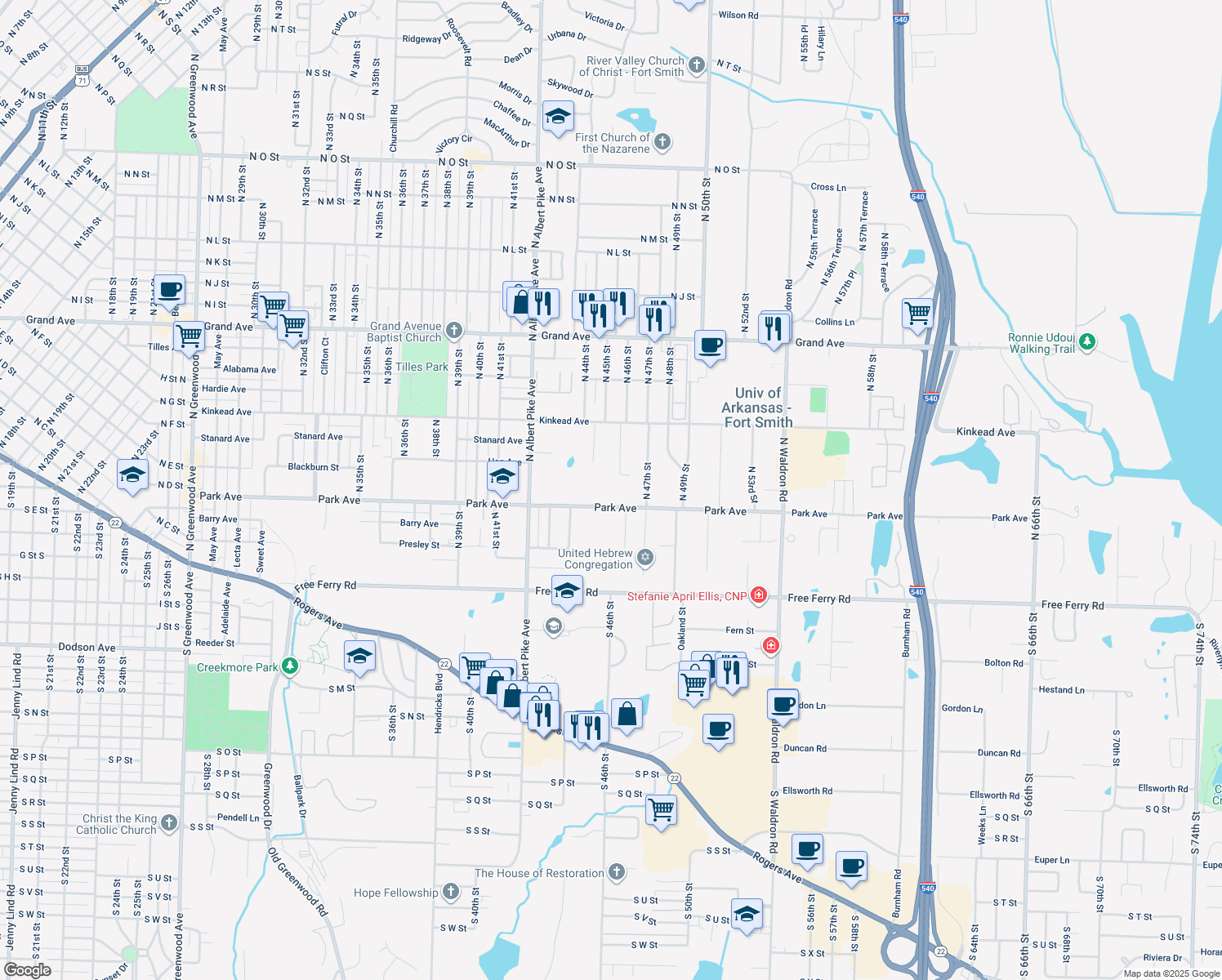 map of restaurants, bars, coffee shops, grocery stores, and more near 4525 Park Avenue in Fort Smith
