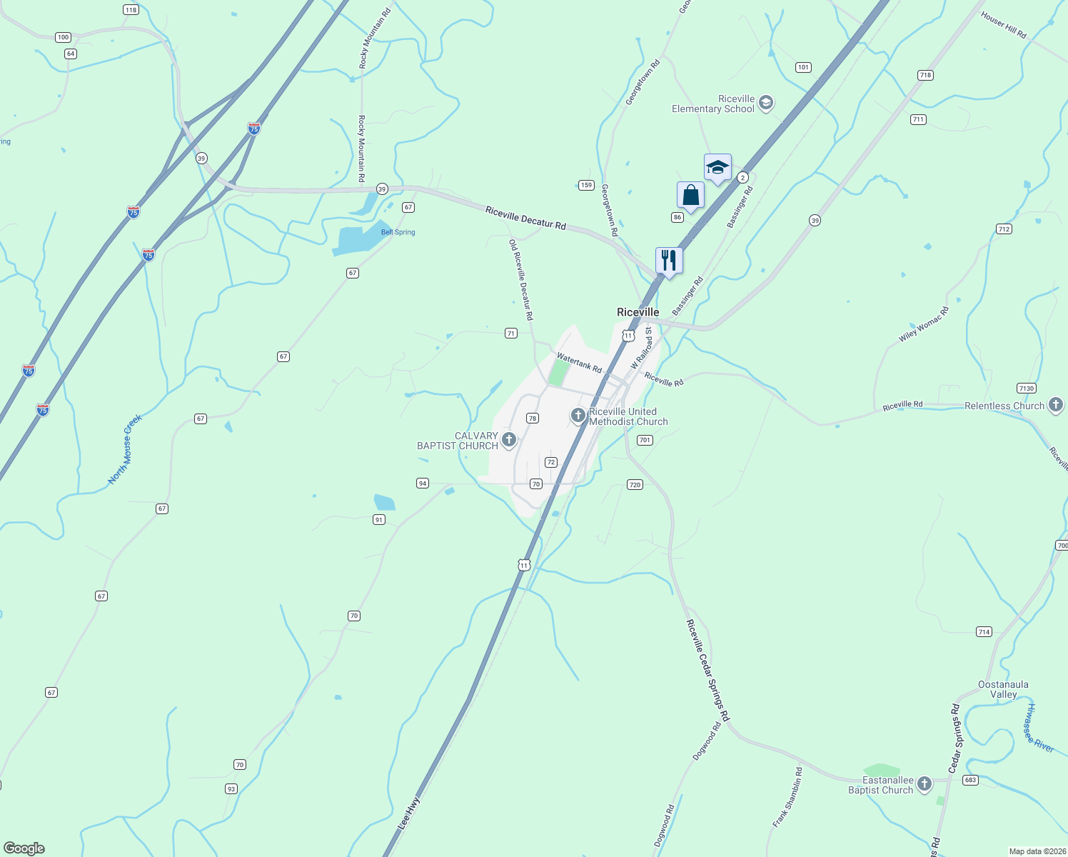 map of restaurants, bars, coffee shops, grocery stores, and more near 134 County Road 78 in Riceville