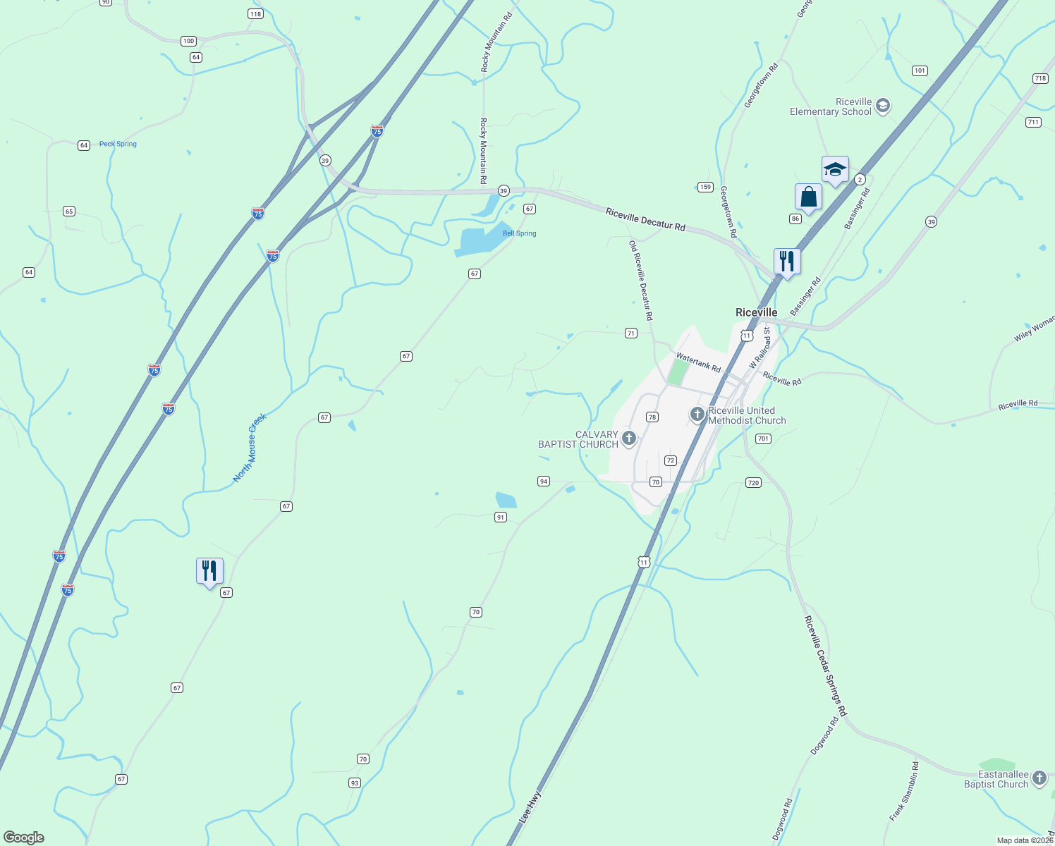 map of restaurants, bars, coffee shops, grocery stores, and more near 195 County Road 71 in Riceville