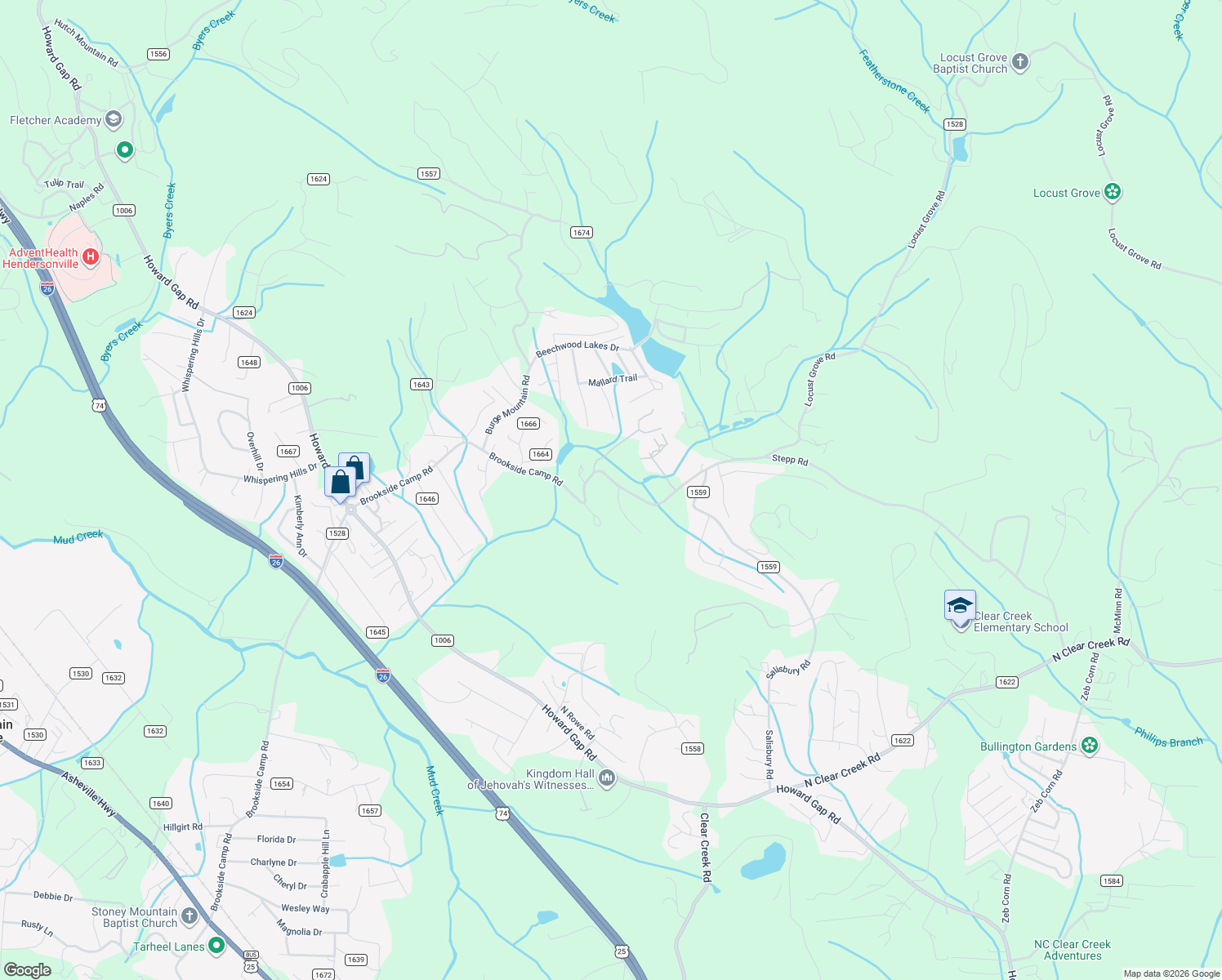 map of restaurants, bars, coffee shops, grocery stores, and more near 1589 Brookside Camp Road in Hendersonville