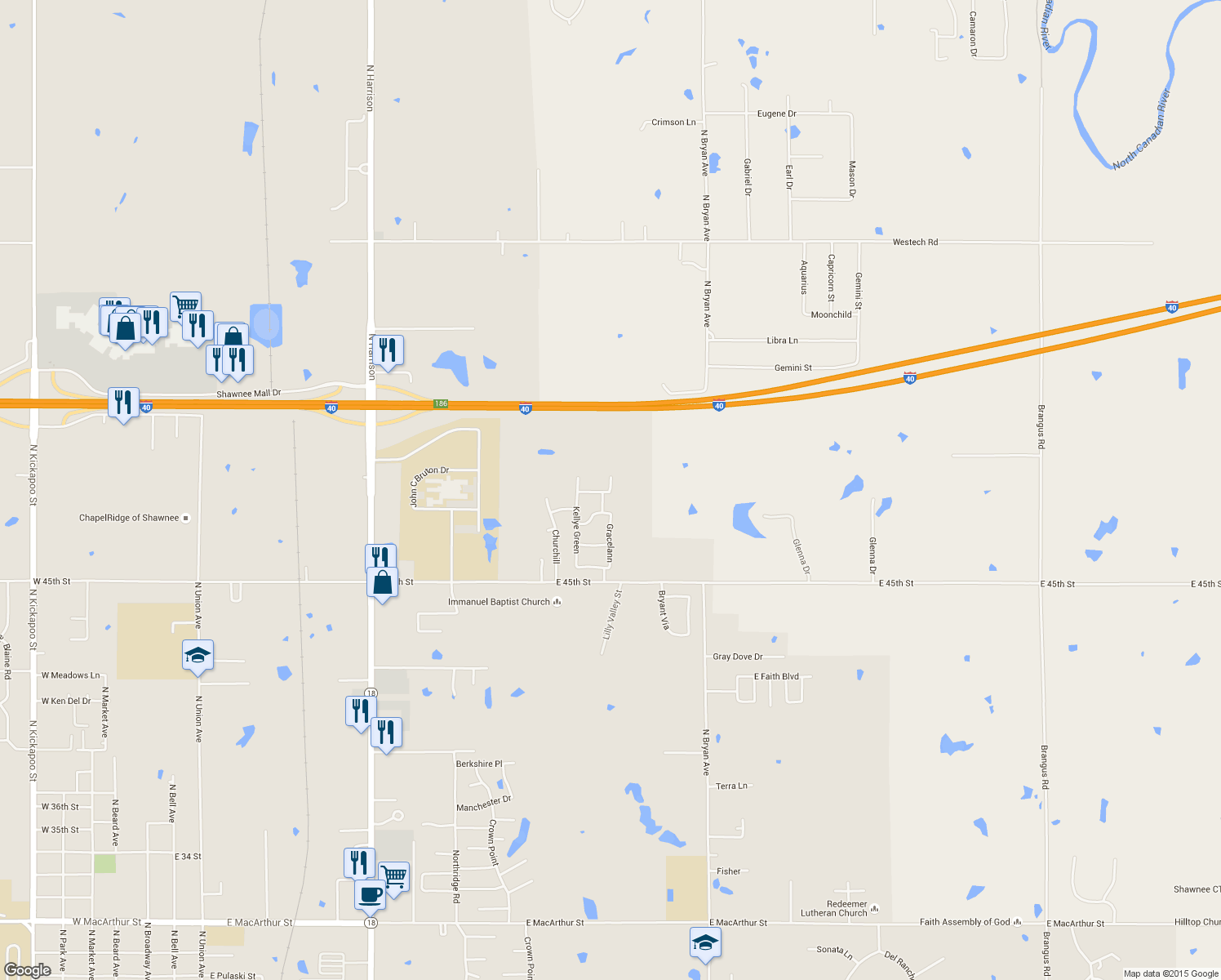 map of restaurants, bars, coffee shops, grocery stores, and more near 4621 Gracelann in Shawnee