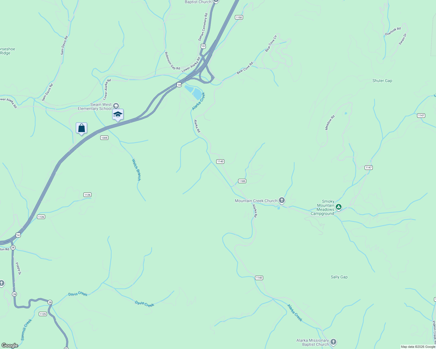 map of restaurants, bars, coffee shops, grocery stores, and more near 188 Lee Cochran Road in Bryson City