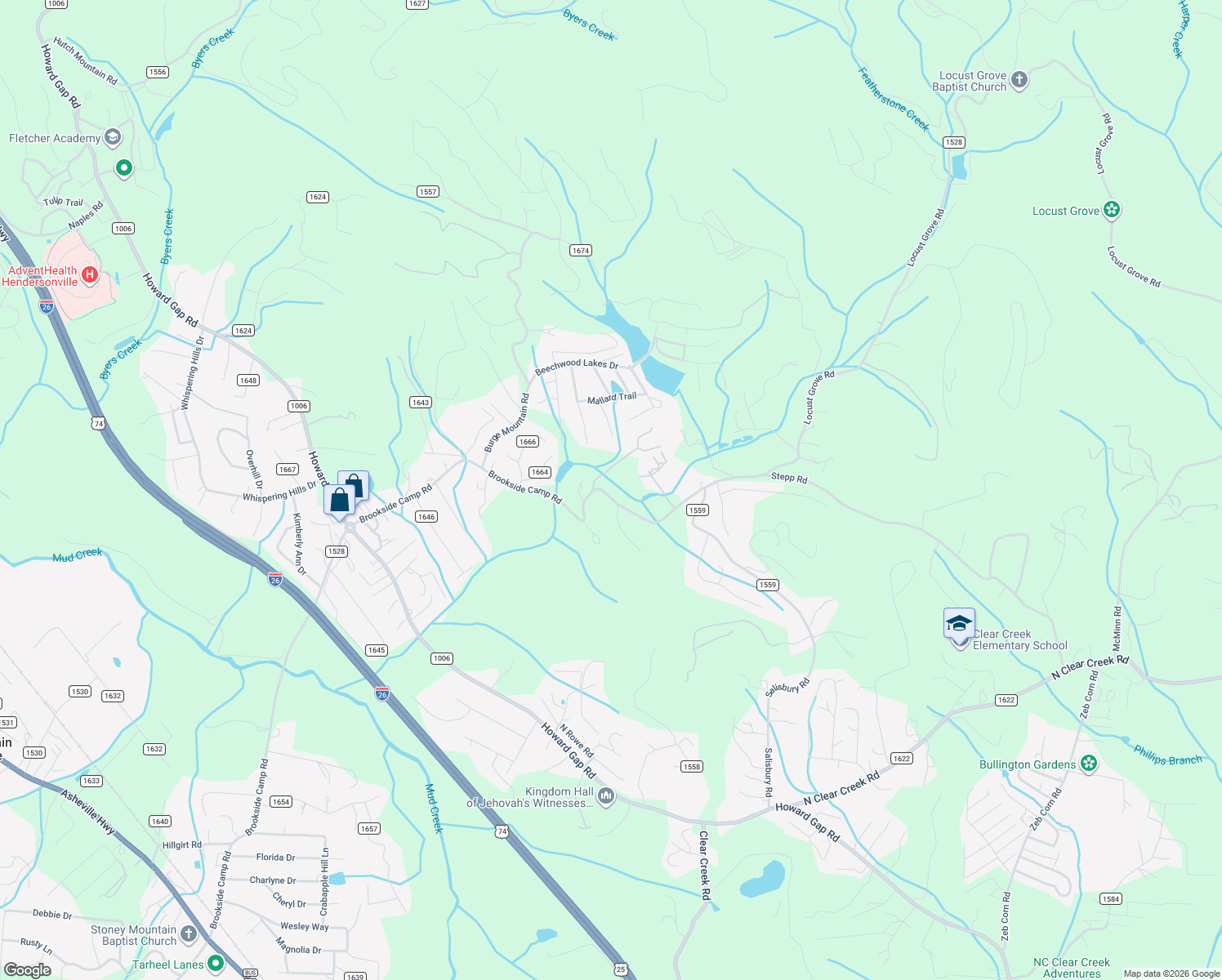 map of restaurants, bars, coffee shops, grocery stores, and more near 1589 Brookside Camp Road in Hendersonville