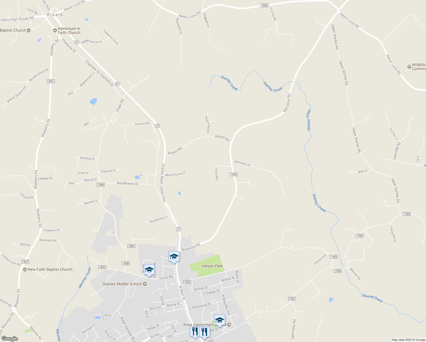 map of restaurants, bars, coffee shops, grocery stores, and more near 202 Vicki Way in Stanley