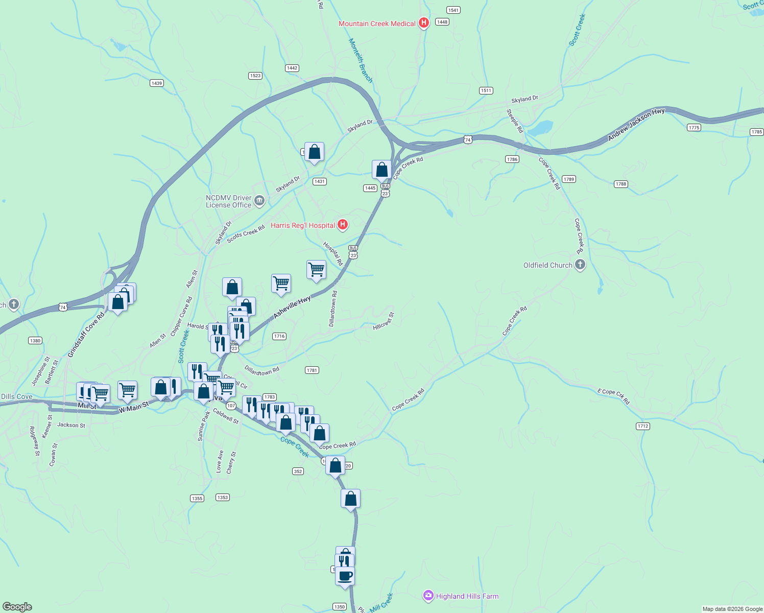 map of restaurants, bars, coffee shops, grocery stores, and more near 305 Hillcrest Street in Sylva