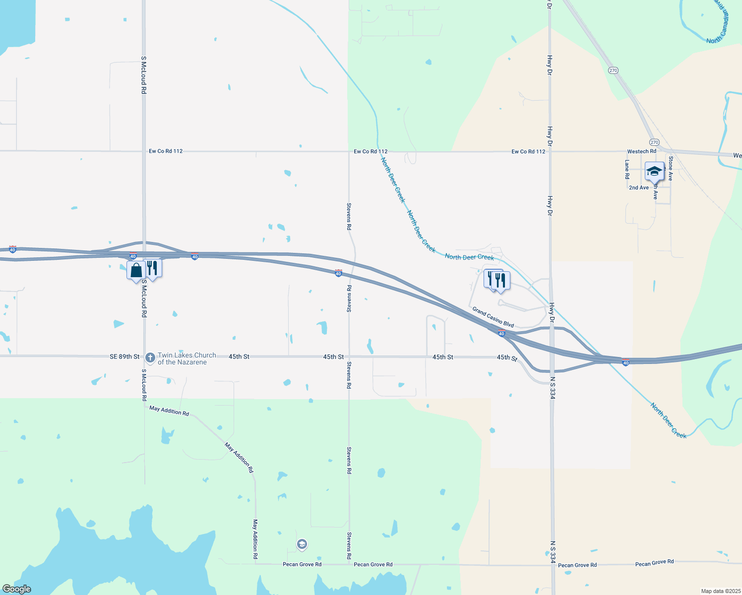 map of restaurants, bars, coffee shops, grocery stores, and more near 12607 Stevens Road in Shawnee