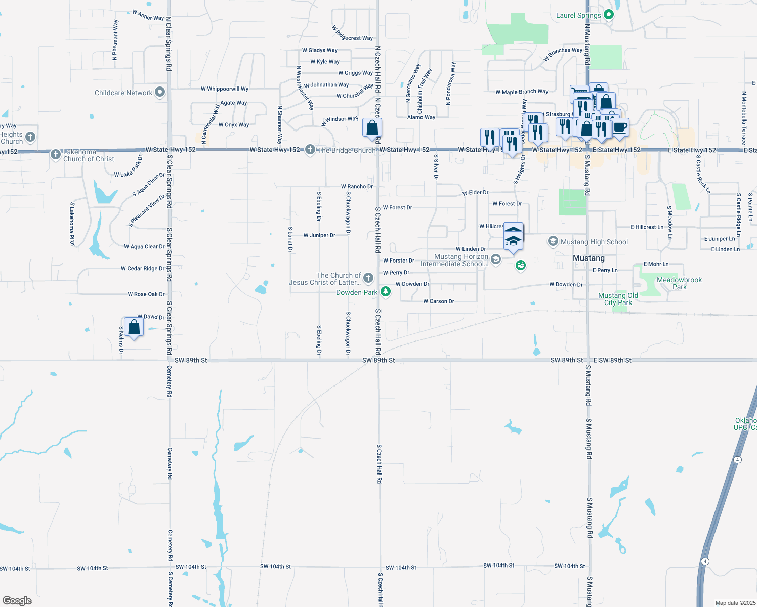 map of restaurants, bars, coffee shops, grocery stores, and more near 1308 South Czech Hall Road in Mustang