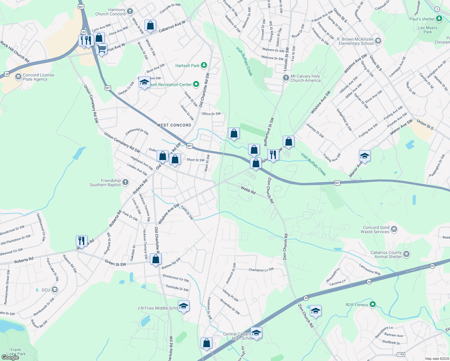 map of restaurants, bars, coffee shops, grocery stores, and more near 70 Concord Chase Circle Southwest in Concord