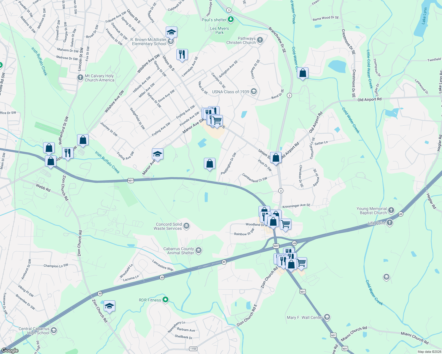map of restaurants, bars, coffee shops, grocery stores, and more near 141 Paddington Drive Southwest in Concord