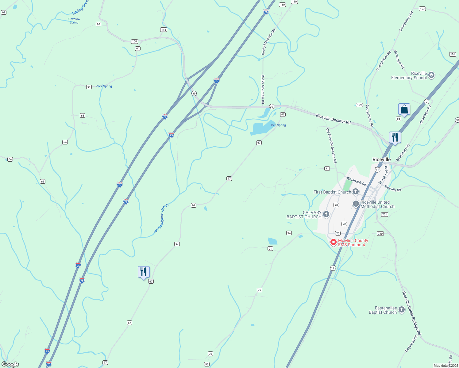 map of restaurants, bars, coffee shops, grocery stores, and more near 251 County Road 67 in Riceville