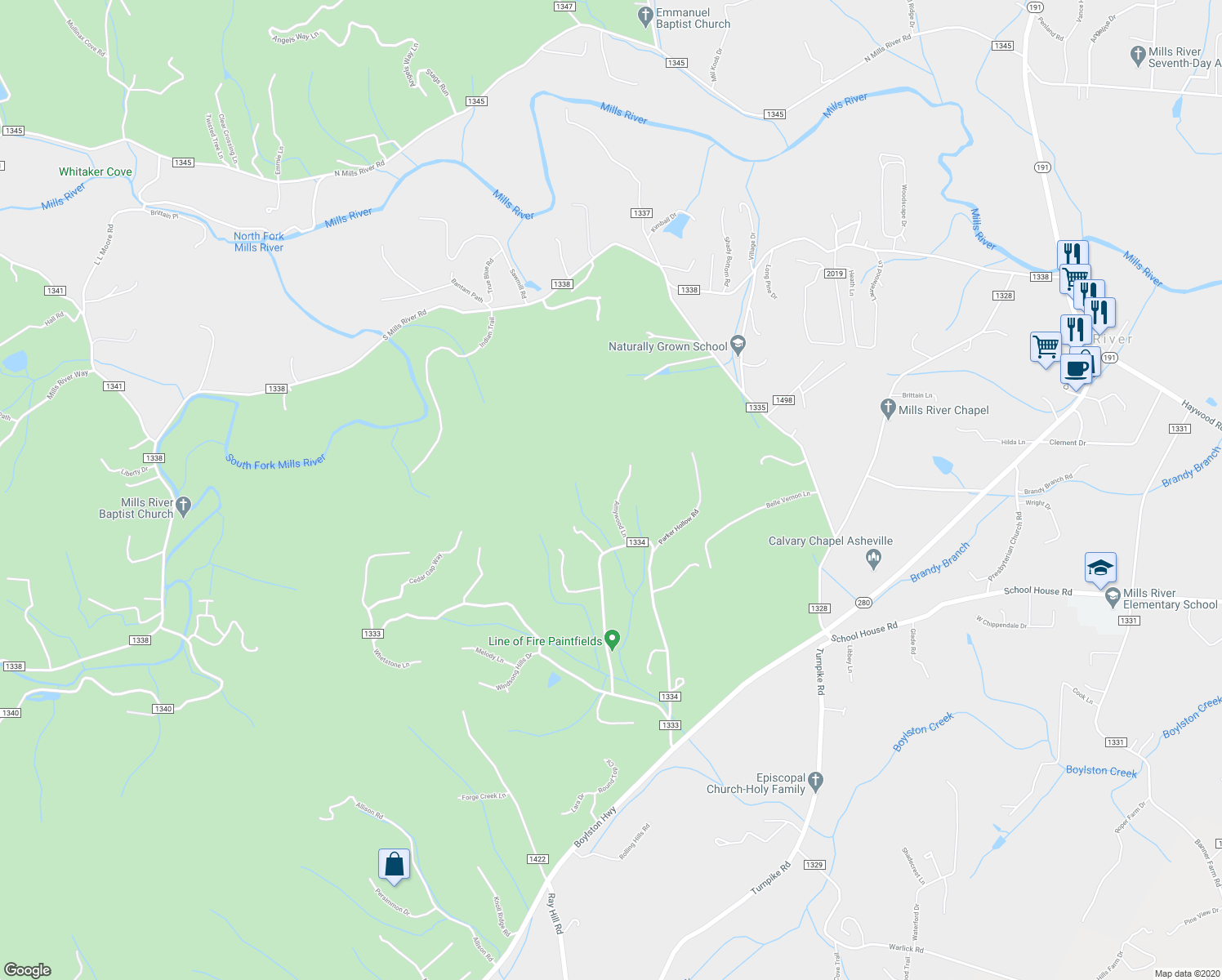 map of restaurants, bars, coffee shops, grocery stores, and more near 161 Amywood Lane in Mills River