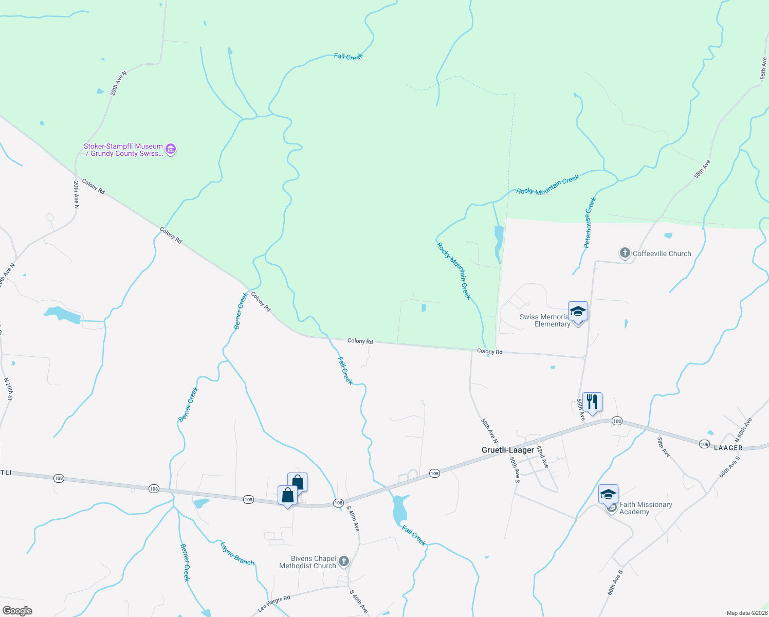 map of restaurants, bars, coffee shops, grocery stores, and more near 5019 Colony Road in Gruetli-Laager