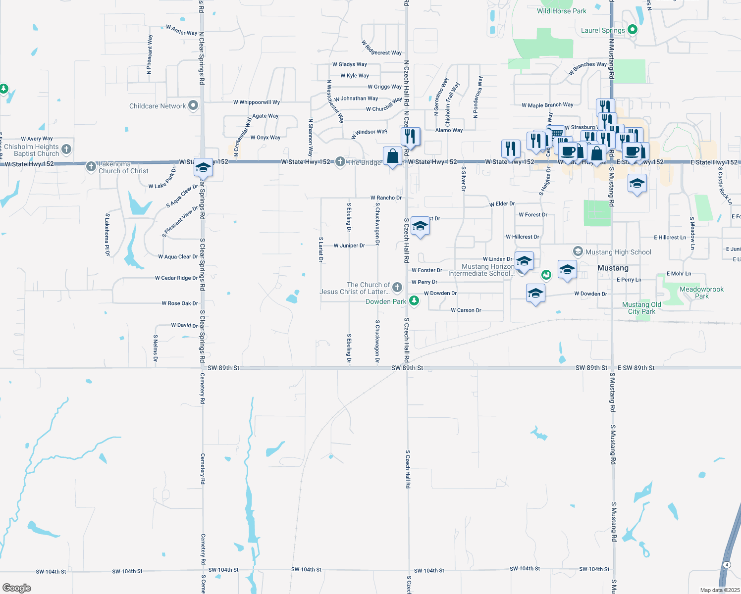 map of restaurants, bars, coffee shops, grocery stores, and more near 1033 South Chuckwagon Drive in Mustang