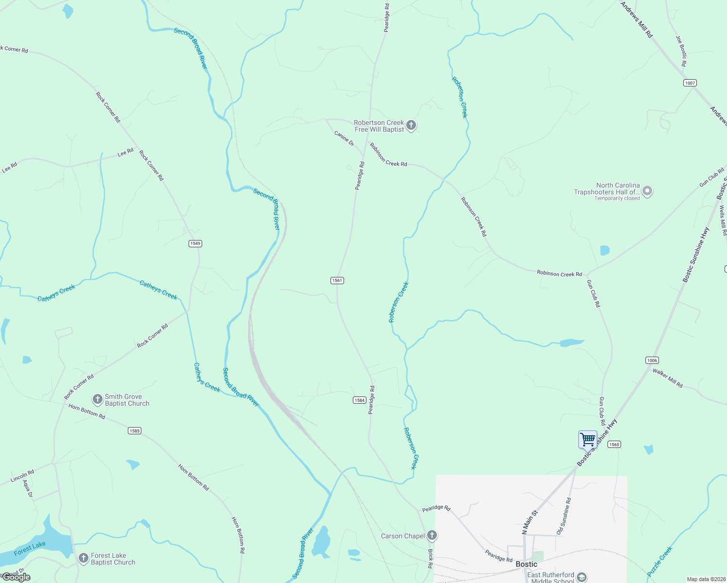 map of restaurants, bars, coffee shops, grocery stores, and more near 1090 Pearidge Road in Bostic